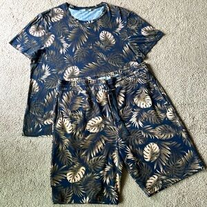 Vince Mens Two Piece Tropical Palm Leaf Printed Lounge Sweat Short T Shirt Set